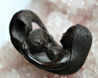 Mermaid Baby Carved Wood Netsuke Bead