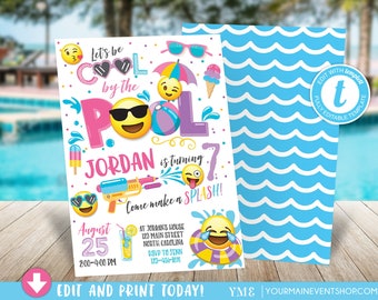 Emoji Pool Party Invitation Pool party birthday invitation Girl Emoji Pool Party party invitation Cool by the Pool Summer Swim Party