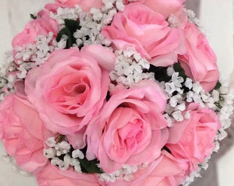 Custom Pink Rose Bridal Bouquet, Pink Wedding Bouquet, Pink Rose and White Baby's Breath Artificial Wedding Flowers