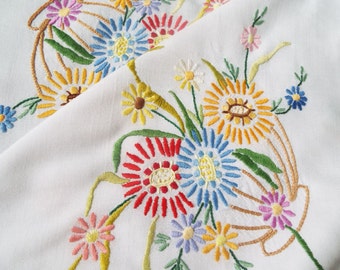 Vintage linen tablecloth, square floral tablecloth. Hand embroidered flower baskets on a white tablecloth. Ideal for an afternoon tea party!