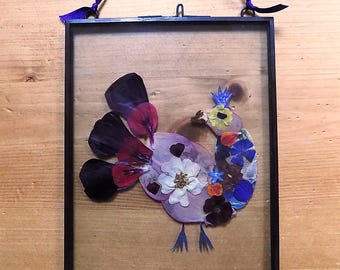 Pressed Flower Picture: 'Bird'. Hand-made, unique pressed flower art. Gift for her.