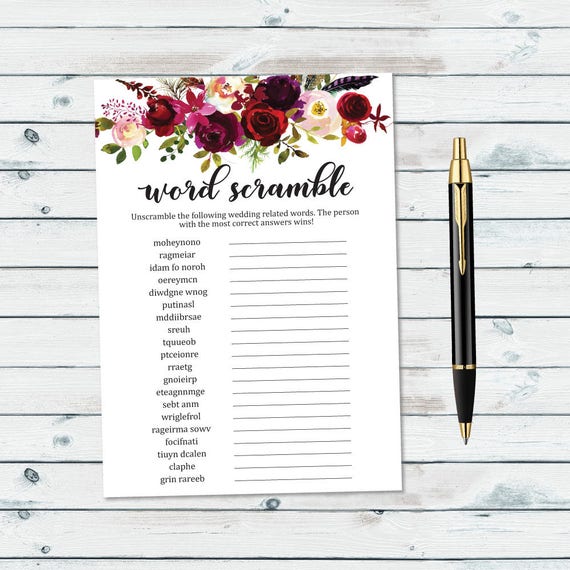 Floral Wedding Word Scramble Printable Bridal Shower Word