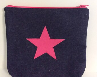 Pink star makeup purse, pink cosmetic purse, star wash bag,makeup bag,pencil case,pink star denim zip bag,makeup bag
