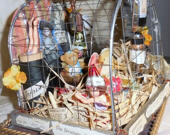 Mixed Media Art Assemblage Folie aux Cage Love In a Cage Bird Hugs