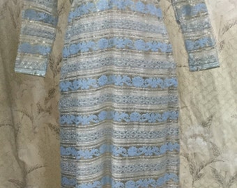 Vintage 1970s Blue and Gold Metal maxi Dress