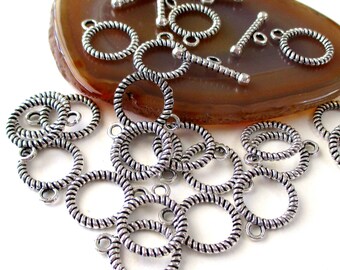 Silver Round Toggle Clasp - Silver Twisted Nautical Rope Clasp- 10 Pairs 20 Pcs - One Strand Clasp 13mm - Bar 18mm - DIY Findings Bulk Price