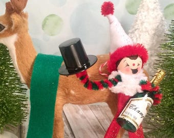 Christmas ornament naughty elf slightly intoxicated elf doll champagne vintage retro inspired party decor art doll red white green