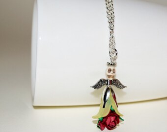 Guardian Angel Necklace, Angel Skull Necklace, Dia De Los Muertos, Flower Skull Necklace, Day of the Dead Skull Jewelry, Rose Skull Necklace
