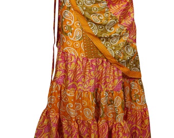 Womens Orange Wrap Around Skirt Upcycled Silk Sari Vintage Printed Full Length Flare Ruffle Maxi Skirts