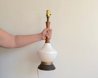 White Ceramic Mid Century Lamp with Teak