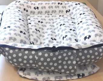 Cordless Baby Nest / Babynest - Navy or Pink Elephants with White Dots On Gray, shipping within US/U.S.