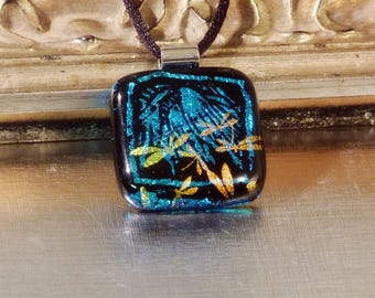 Dichroic Glass Dragonfly Pendant Necklace Aqua Gold "Everglade"