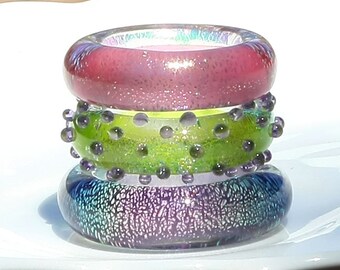 Set of 3 Handmade Glass Lampwork Dichroic Ring Beads with FREE Chain