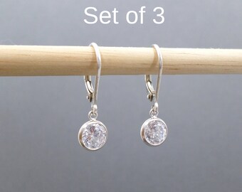 Bridesmaid Earrings, Set Of 3. Free Shipping. Sterling Silver CZ Leverback. Lever Back. Small Dangle Drop. Clear Crystal. 6 mm CZ