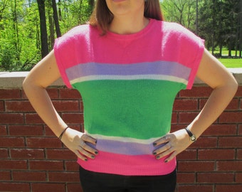 Vintage Pink, Purple and Green Horizontal Stripe Short Sleeve Knit Sweater Shirt