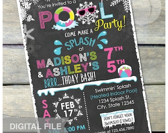 Joint Pink Winter Pool Birthday Party Chalkboard Invitation Snow Indoor Pool Party - Girls Sisters - DIGITAL Printable Invite - 5” x 7”