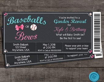 Baseballs or Bows - Ticket Style - Gender Reveal Invitation - Customizable - Digital File