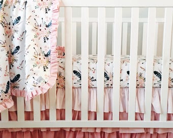 Boho Crib Bedding. Feather Crib Sheet. Baby Girl Bedding. Ruffled Crib Skirt. Ombre Crib Skirt. Boho Crib Sheet. Bumperless Crib Bedding.