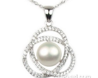White pearl pendant, shinning crystal pearl pendant, freshwater pearl pendant, 925 sterling silver pearl necklace, 10-11mm, F2910-WP