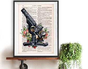 Antique microscope impression, cimestry, laboratoire, sciences vintage, impression de fleurs, art, vintage imprimé sur du papier recyclé, rétro art mural