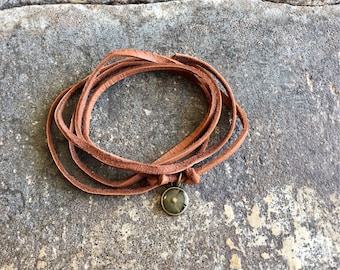Tiny Bronze Round Mustard Seed Faith Camel Leather Wrap Bracelet