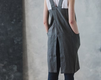 Linen Apron / Washed Japanese Apron / Soft Cross Back Apron / Pure Linen Long Apron / Linen Apron Dress / Workshop Pinafore / No Ties Apron