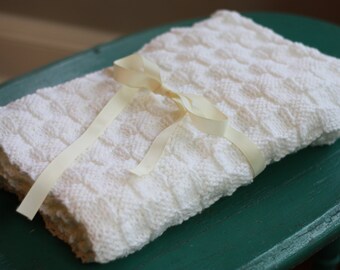 White Baby Blanket, White Christening Blanket, White Baptism Blanket, White Baby Afghan, Neutral Baby Blanket, Basketweave Crib Afghan