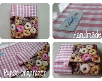 27 inch / 8 pockets Purse / Bag Organizer Insert - (Large) Pink Checked and Sweet Donuts print fabric