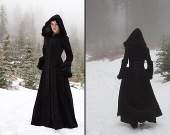Anastasia Coat - Hooded velvet coat with fur trim
