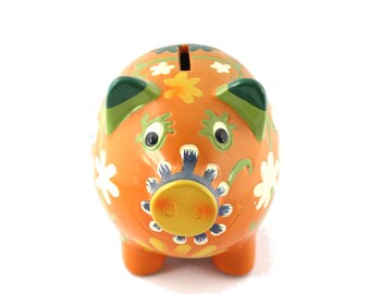 Vintage Pride Creations Papier Mache Orange Flowered Piggy Bank