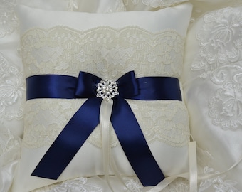 Wedding Ring Bearer Pillow,Bridal Ring Bearers, Navy Blue And Ivory Satin Lace Ring bearer Pillow