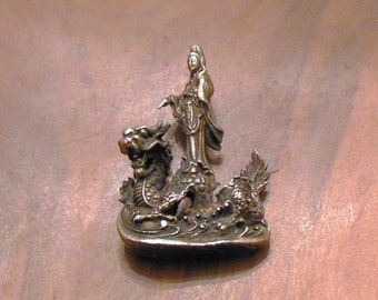 QUAN YIN STATUE Brass Goddess of Compassion w Dragon tiny portable altar Qwan Yin, Goddess of Mercy Statue