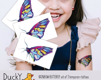 Set of 3 temporary tattoos Rainbow Butterfly. Realistic butterfly fake tattoo. Rainbow butterfly party favors and butterfly goodie bag