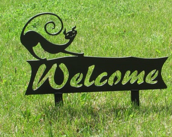 Cat , Welcome Sign, Metal Art, Outdoor, Whimsical, Garden Art