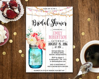 Mason Jar Bridal Shower Invitation Printable Watercolor Flowers Bridal Brunch, Rustic Bridal Tea Party Invite INSTANT DOWNLOAD Editable PDF