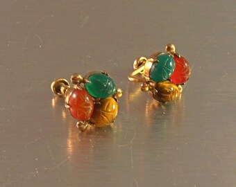 Carved Gemstone Scarab Earrings, WRE Gold Filled, Egyptian Revival, Screw Back, Jade Carnelian Tiger Eye