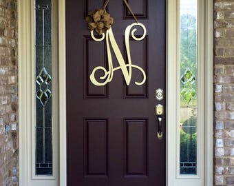 Metal Initial door wreath w/ ribbon, Front Door Wreaths, Monogram Door Hanger, Monogrammed Wreath, Front Door Letters, Outdoor Wreath, Decor