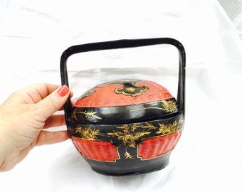 RED and BLACK Lacquer Basket Box Asian Vintage Round Box with Hand Painted gold accents long handle