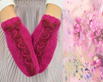 Woman cherry mittens cable mittens embellished lace mittens hand knit braid adult winter mittens ladies knit arm warmer cozy wool gift woman