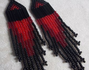Carpal Tunnel Going Out of Business Sale! Ruby Heart Seed Bead Earrings. Dramatic earrings, Black and Ruby, Bold earrings,