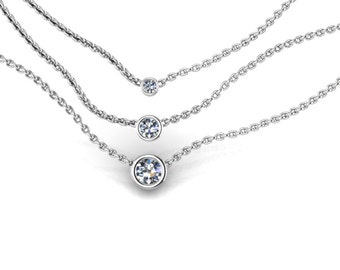 Tiny 14K White Gold Small Diamond Solitare Necklace Diamond Pendant