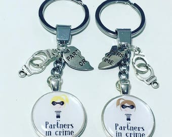 Partners in Crime set of 2 keyrings for you and your bestie, Best friends keyrings, 2 friends keyrings, Partners in Crime, Best friend