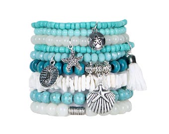 Beaded Bracelets Set of 9 Stretch Bracelets Bohemian Beach Themed Stack with Silver Tone Charms and Tassel