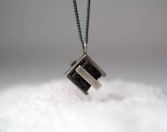 Double Silver Square Lava-Lava-Cube Stone-Industrial Design-Cool Necklace-MJ