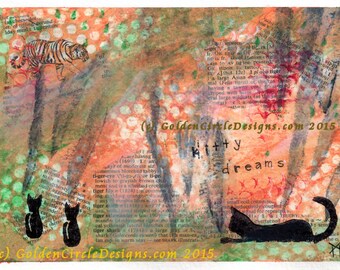 OOAK Orange and Green Kitty Dreams Mixed Media Blank Greeting Card