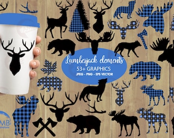 Lumberjack clipart, blue Buffalo plaid clipart, 54 Forest animal silhouettes, Moose, Trees, Wolf, Deer, Bear, Antlers, AMB-2359
