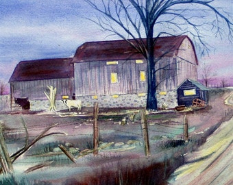 barn painting, original watercolor, Michigan landscape, farmyard art, Petoskey farm art, twilight, dusk, violet