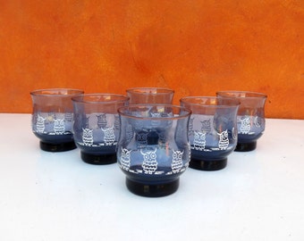 RARE Vintage Mid Century Modern 1960s 1970s Set of 6 Vintage M. D'ia Owl and Moon Libbey Glass Tumblers. vintage tumbler set retro modern