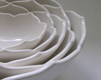 Ceramic Nesting Lotus Bowls Set of Five in White for Dining, Entertaining, Home Decor