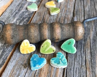 Set of 15 Assorted Mini Ceramic Heart Mosaic Tiles | Mini Ceramic Hearts | Mini Stoneware craft supply | Pottery Heart mosaic tiles